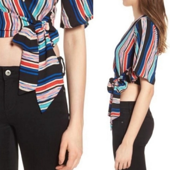 Lush Short Sleeve Striped Wrap Crop Top XL - Picture 2 of 7